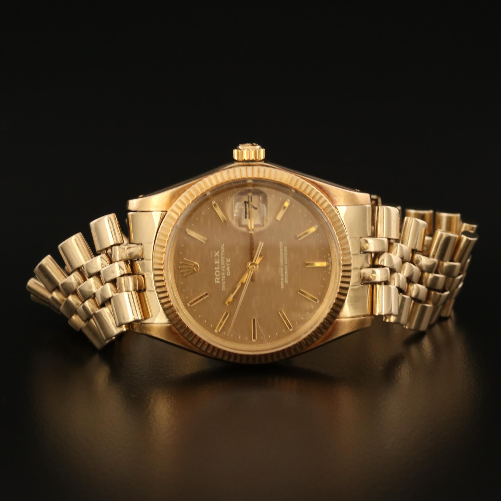 Vintage Rolex Oyster Perpetual Date 14K Gold Watch with Florentine Dial