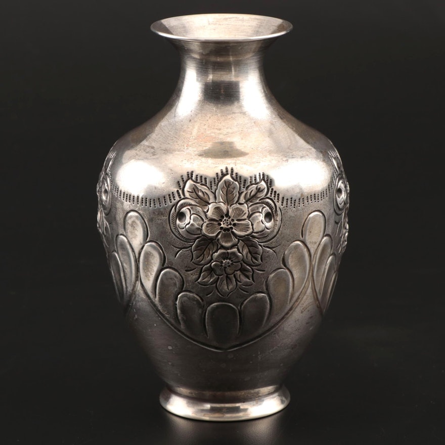 American Repoussé Sterling Silver Vase, Mid-Century