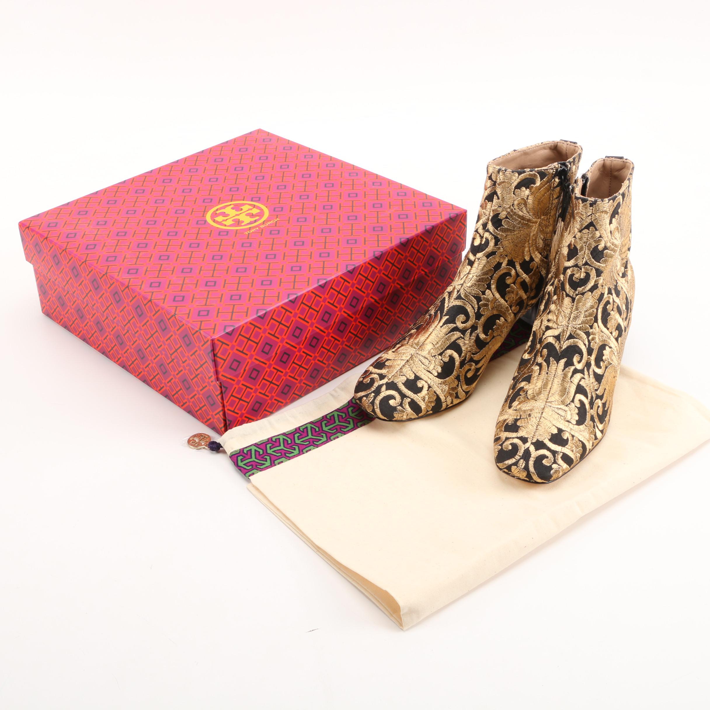 Tory Burch Carlotta Nayan Booties in Black with Metallic Gold Brocade