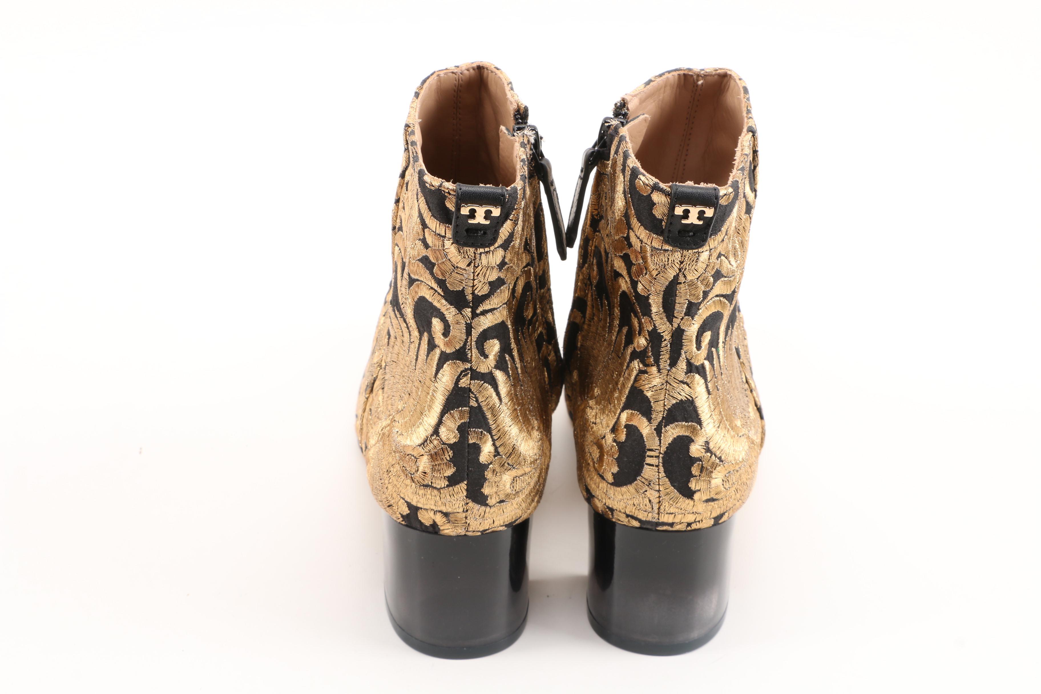 Tory Burch Carlotta Nayan Booties in Black with Metallic Gold Brocade