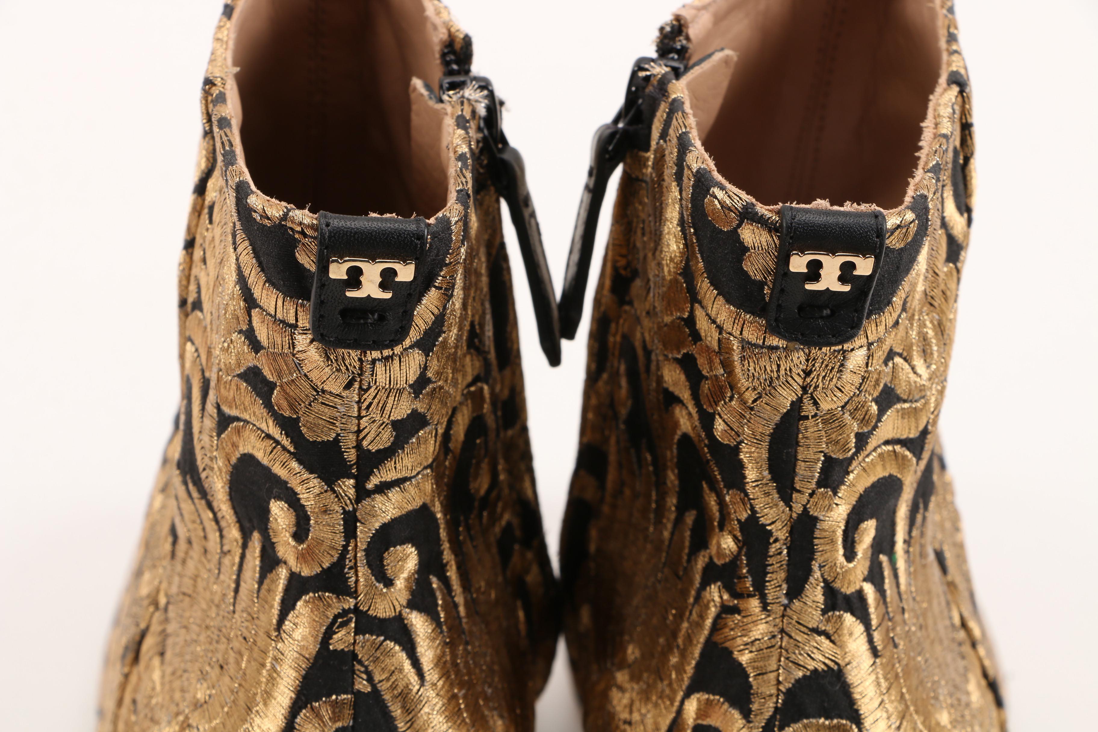 Tory Burch Carlotta Nayan Booties in Black with Metallic Gold Brocade