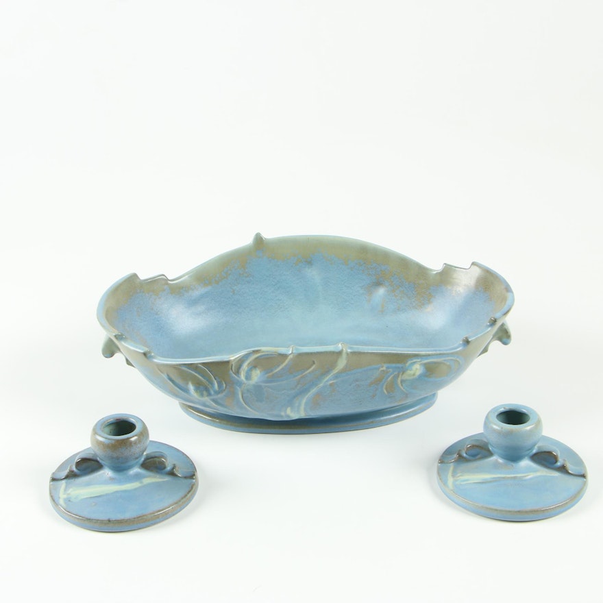 Roseville Pottery Blue "Teasel" Console Bowl and Candle Holders, Mid-Century