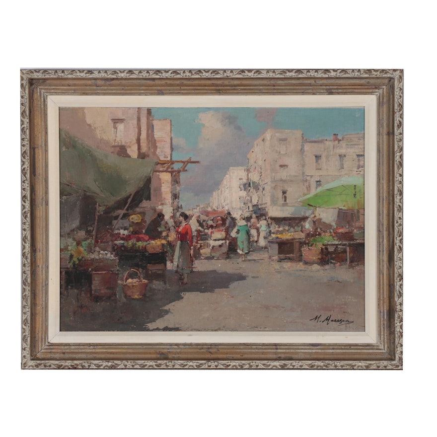 Mario Maresca Italian Market Scene Oil Painting, Mid 20th Century
