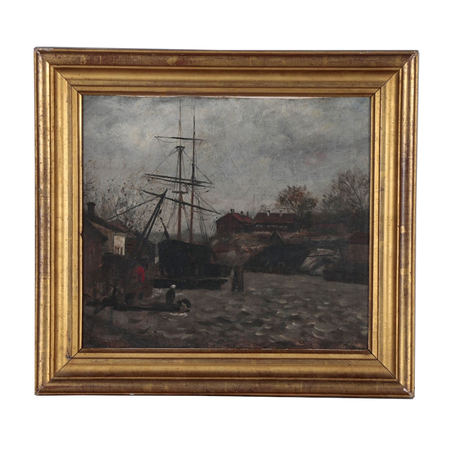 Harbor Oil Painting, Early-Mid 20th Century