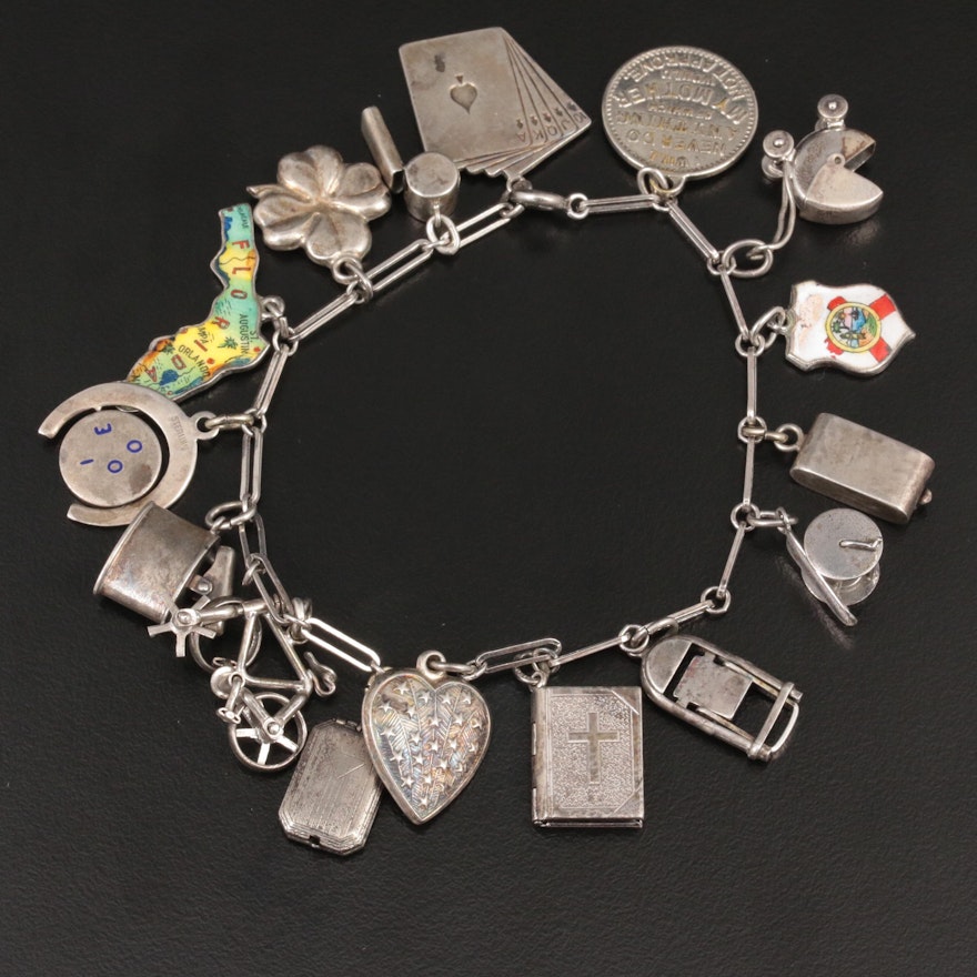 Vintage Sterling Silver Enamel Charm Bracelet with Articulating Charms