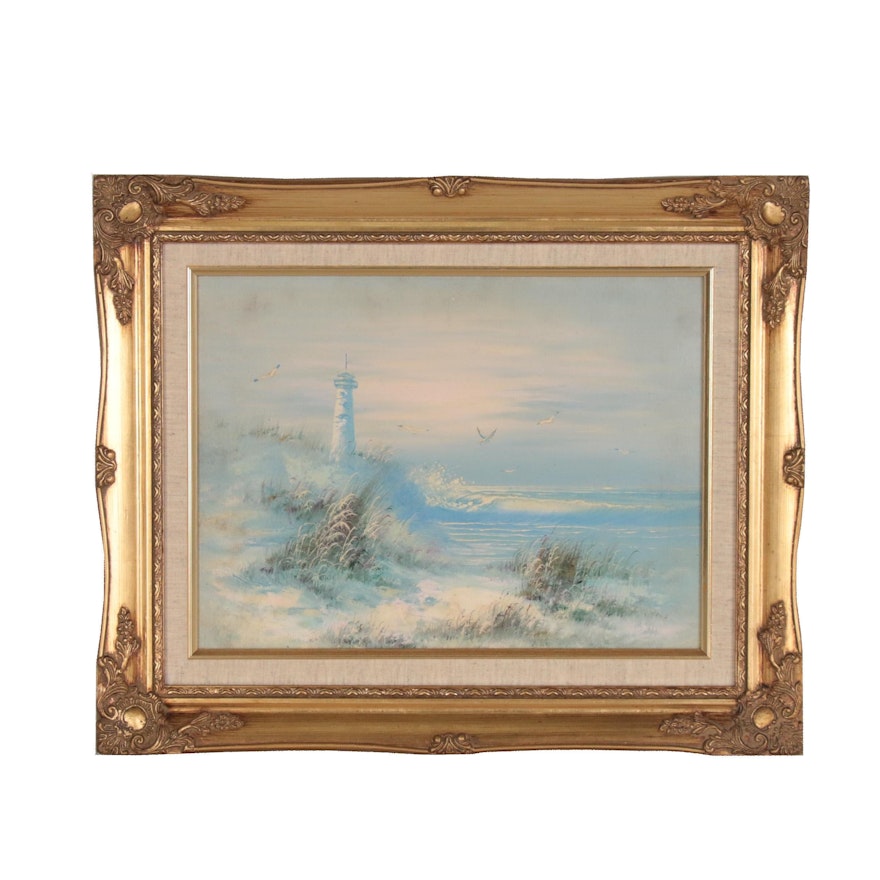 Oil Painting of Beach Scene with Lighthouse
