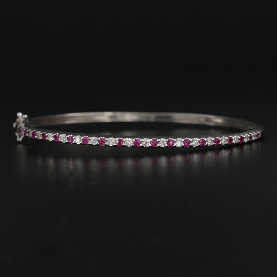 14K White Gold Diamond and Ruby Hinged Bangle Bracelet