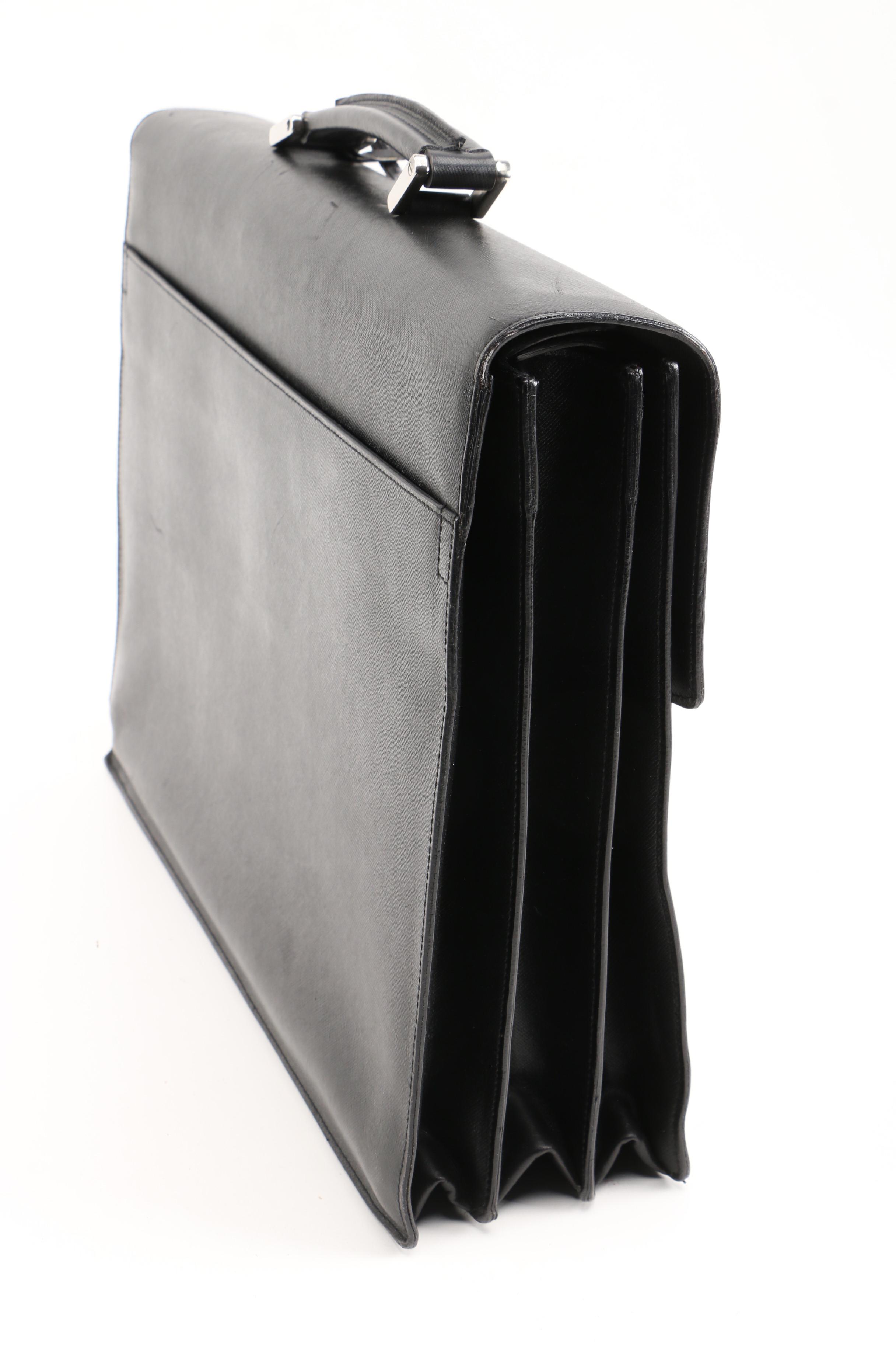 Prada Black Saffiano Leather Squeeze Lock Briefcase