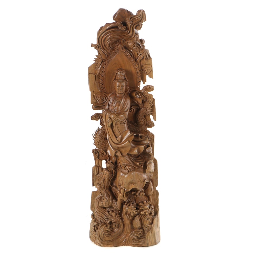 Chinese Guanyin Carved Hardwood High Relief Sculpture