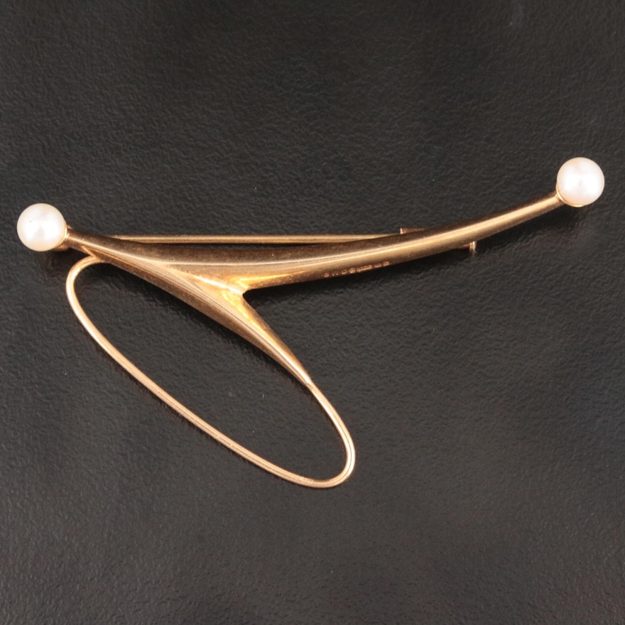 Vintage 14K Yellow Gold Cultured Pearl Brooch