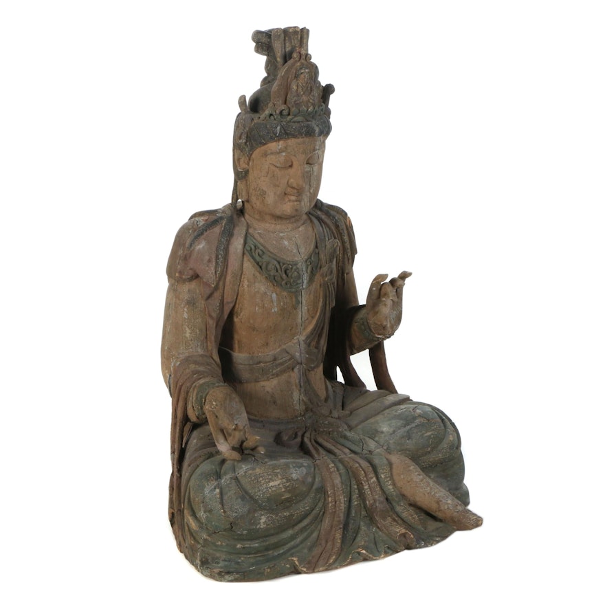 Monumental Chinese Guanyin Polychrome Wooden Sculpture