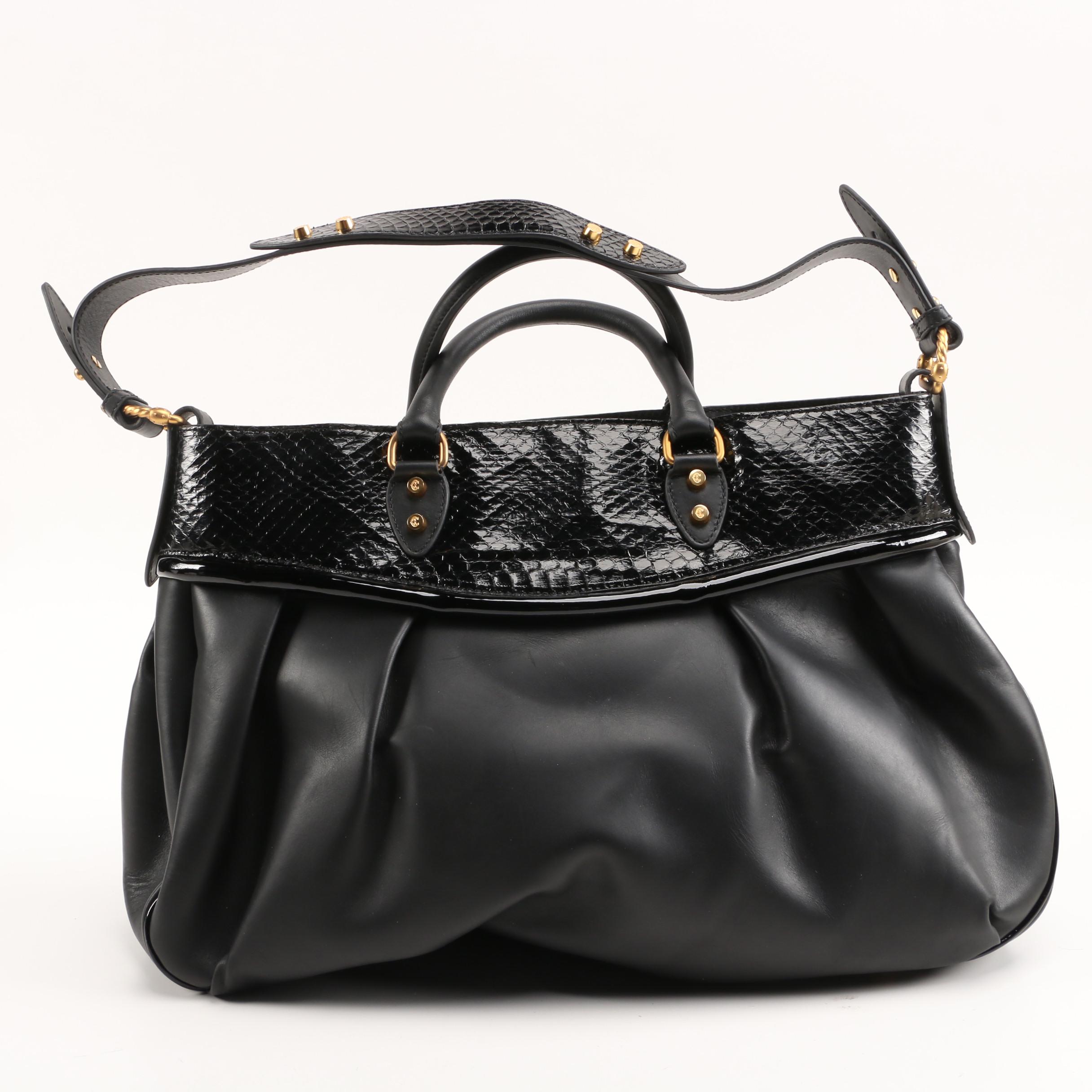 Charriol Black Leather and Snakeskin Large Aquarius Tote