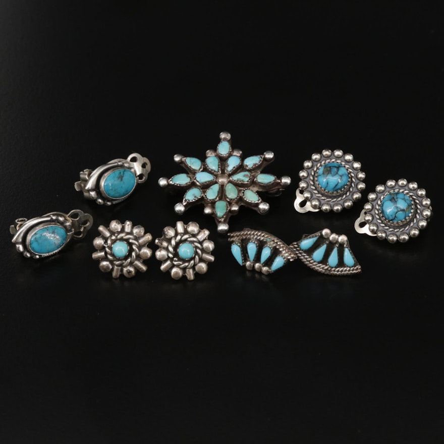 Southwestern Style Sterling Silver Turquoise Earrings Selection and Brooch
