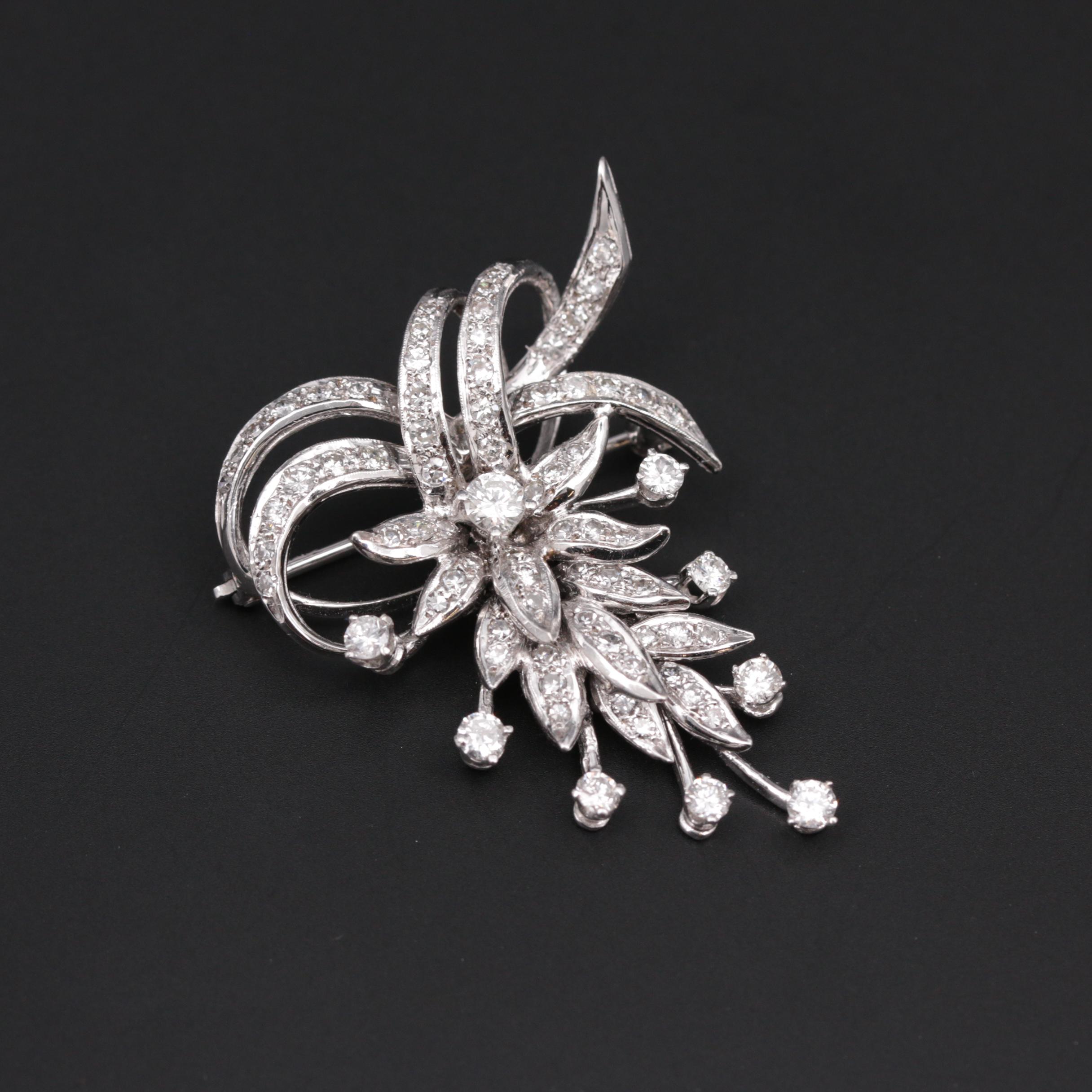 Vintage 14K White Gold 2.17 CTW Diamond Articulated Converter Brooch