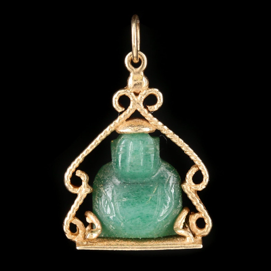 14K Yellow Gold Aventurine Buddha Pendant