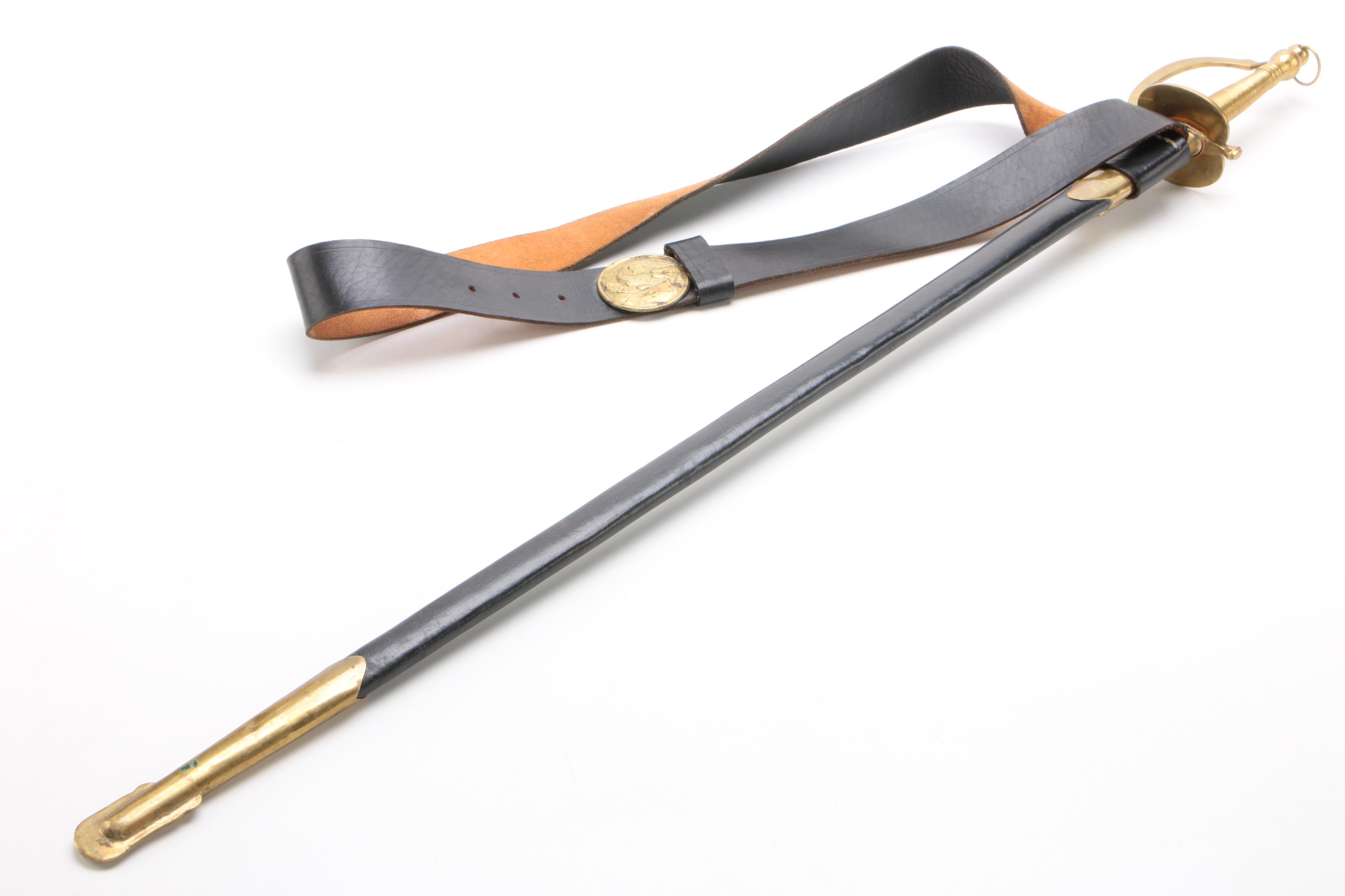 "M1840" Musician's Civil War Sword with Scabbard and Leather Belt, Replica