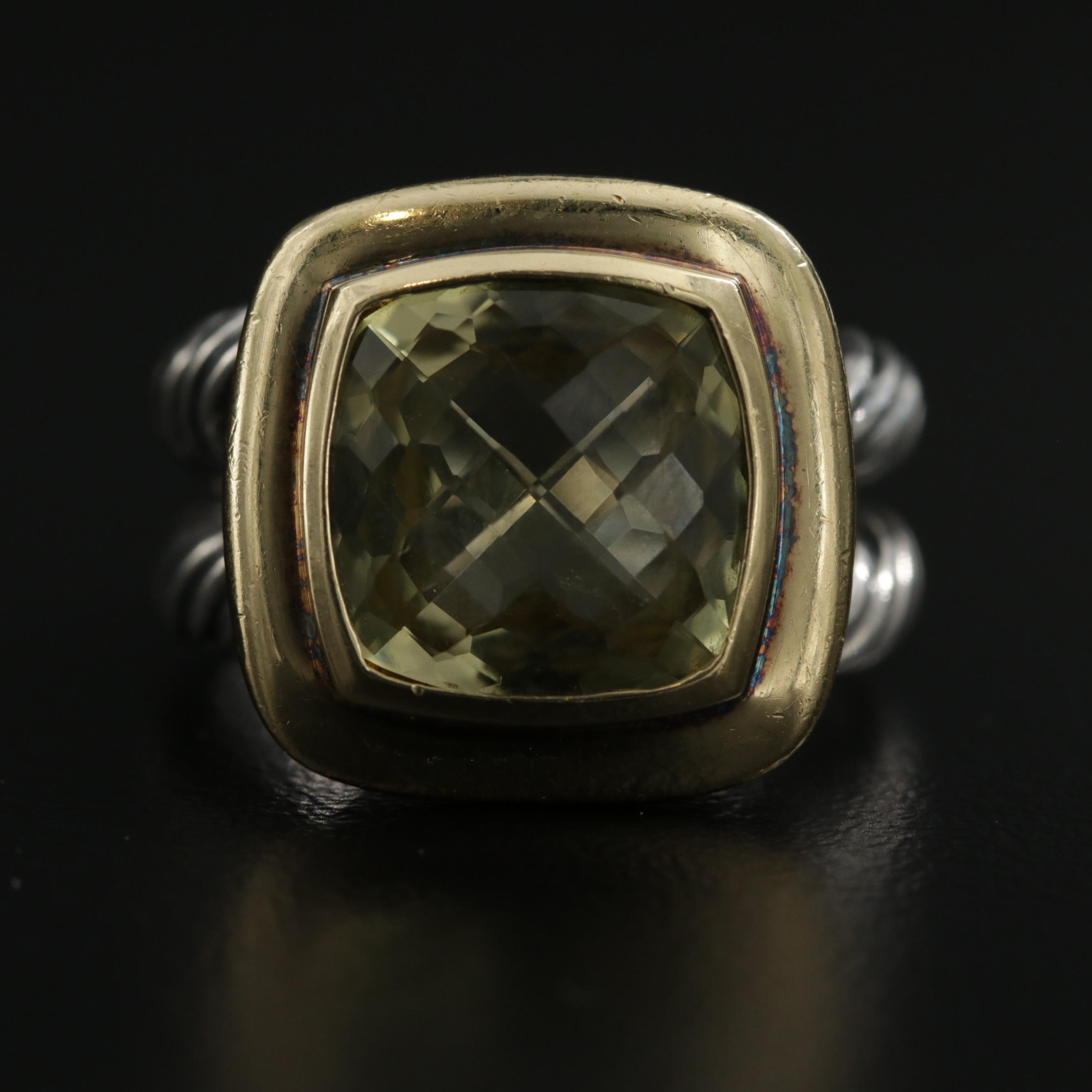David Yurman "Albion" Sterling Silver Lemon Citrine Ring with 18K Gold Accent
