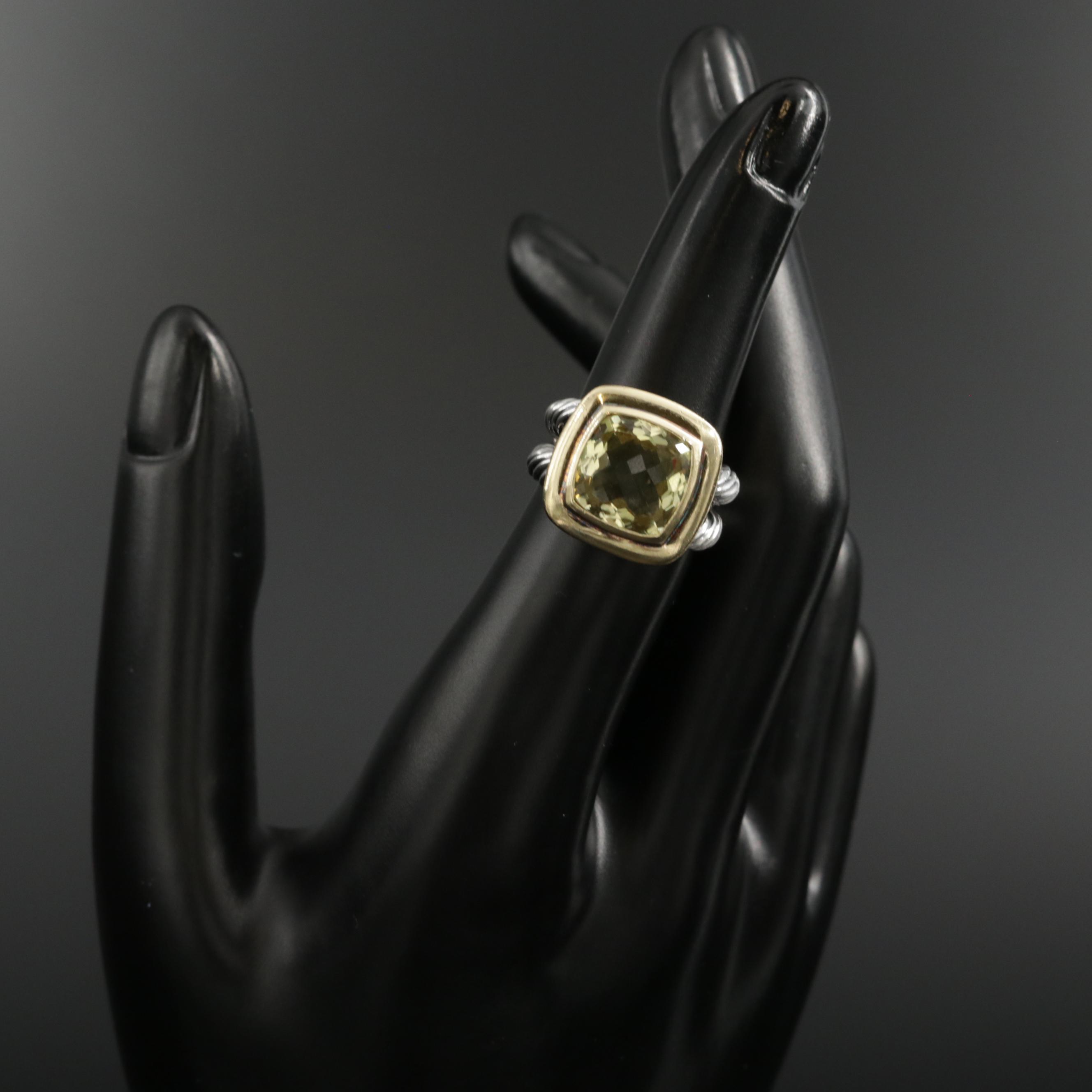 David Yurman "Albion" Sterling Silver Lemon Citrine Ring with 18K Gold Accent