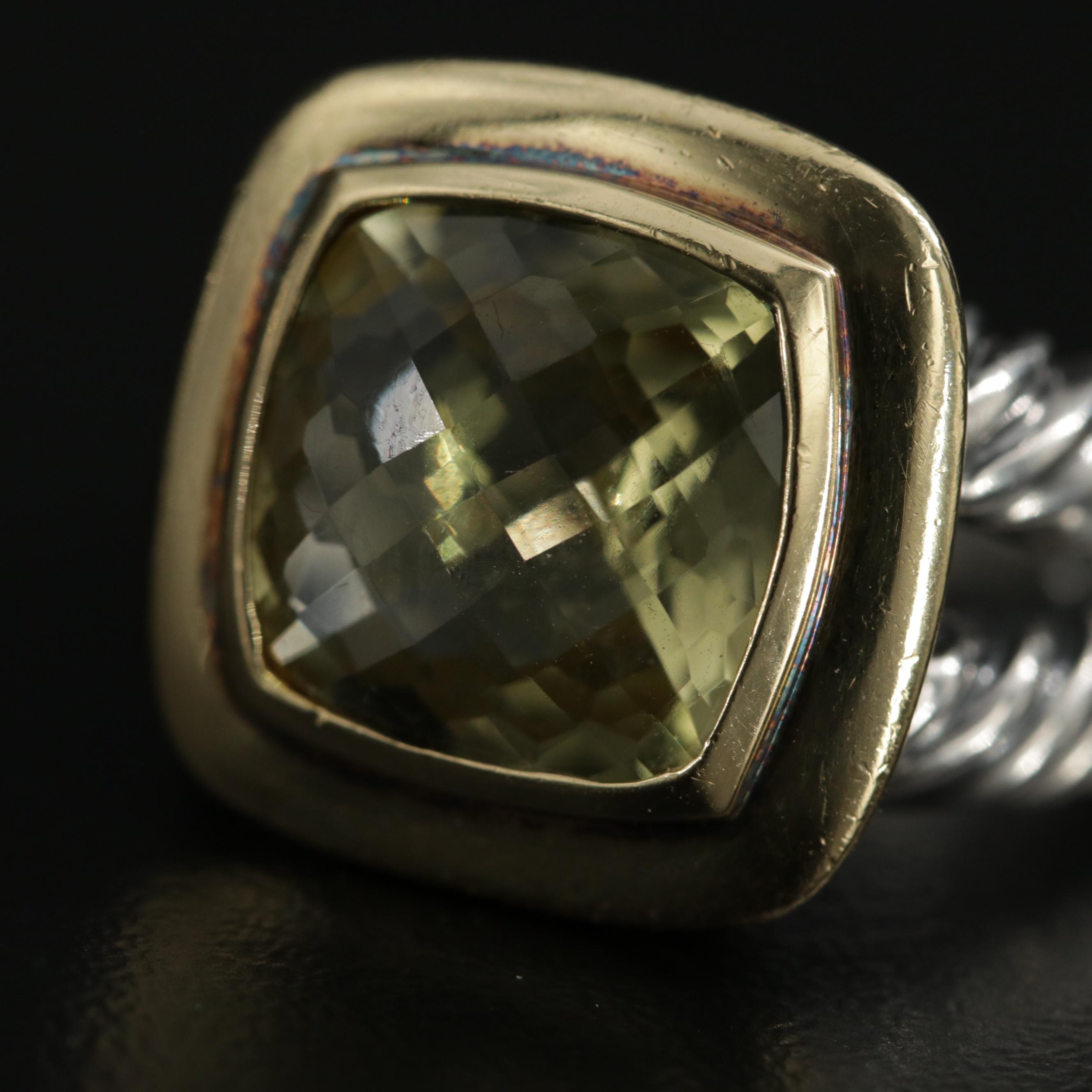 David Yurman "Albion" Sterling Silver Lemon Citrine Ring with 18K Gold Accent