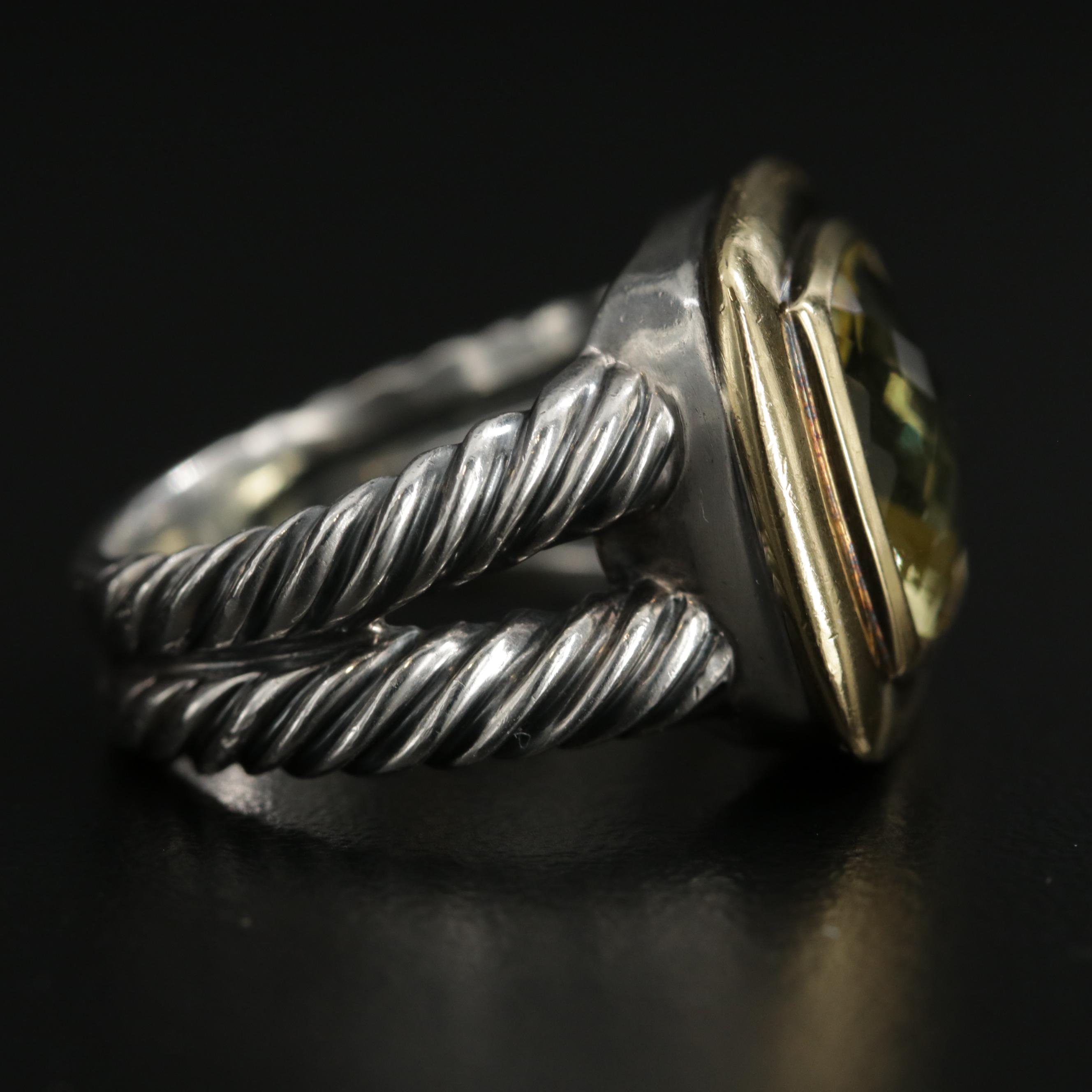 David Yurman "Albion" Sterling Silver Lemon Citrine Ring with 18K Gold Accent