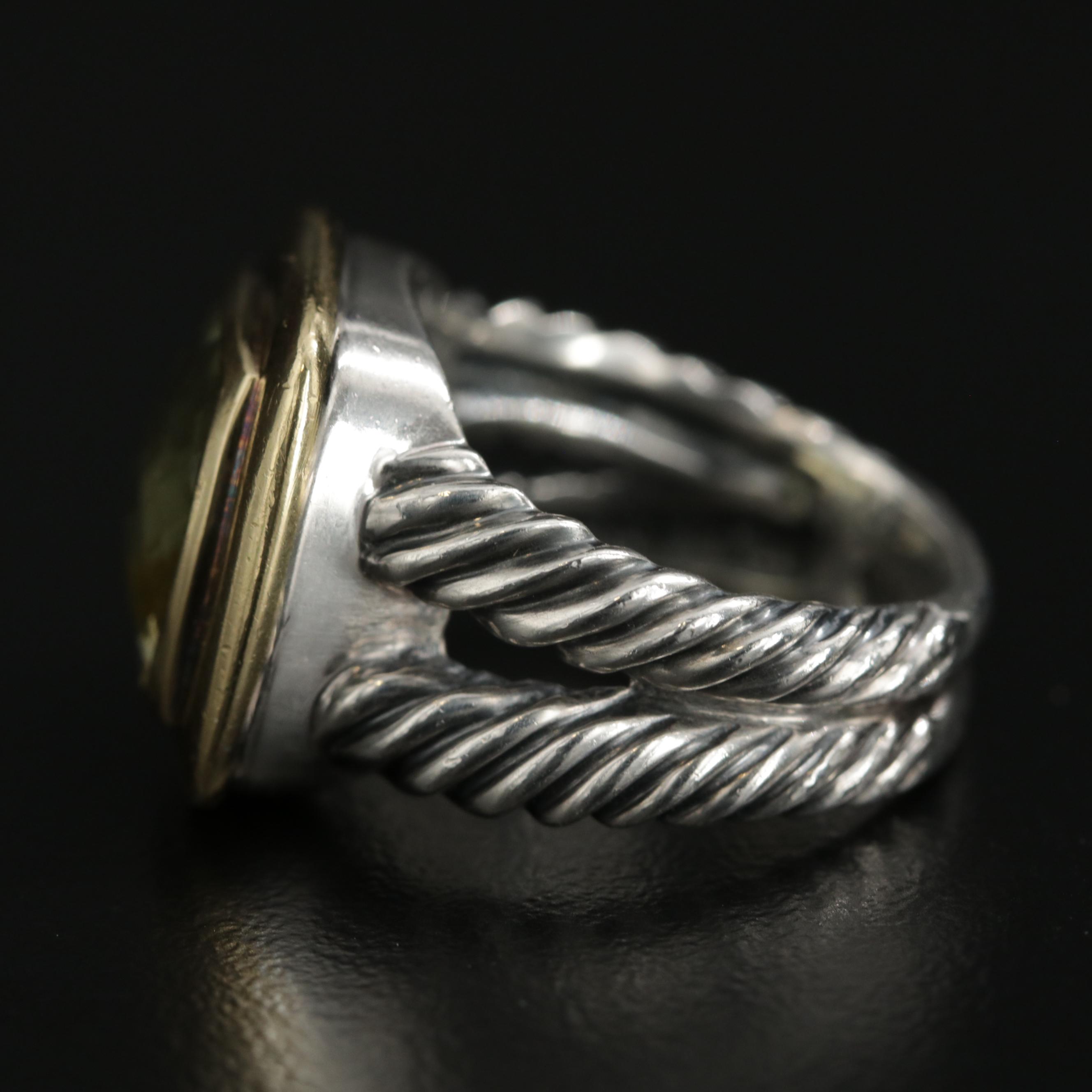 David Yurman "Albion" Sterling Silver Lemon Citrine Ring with 18K Gold Accent