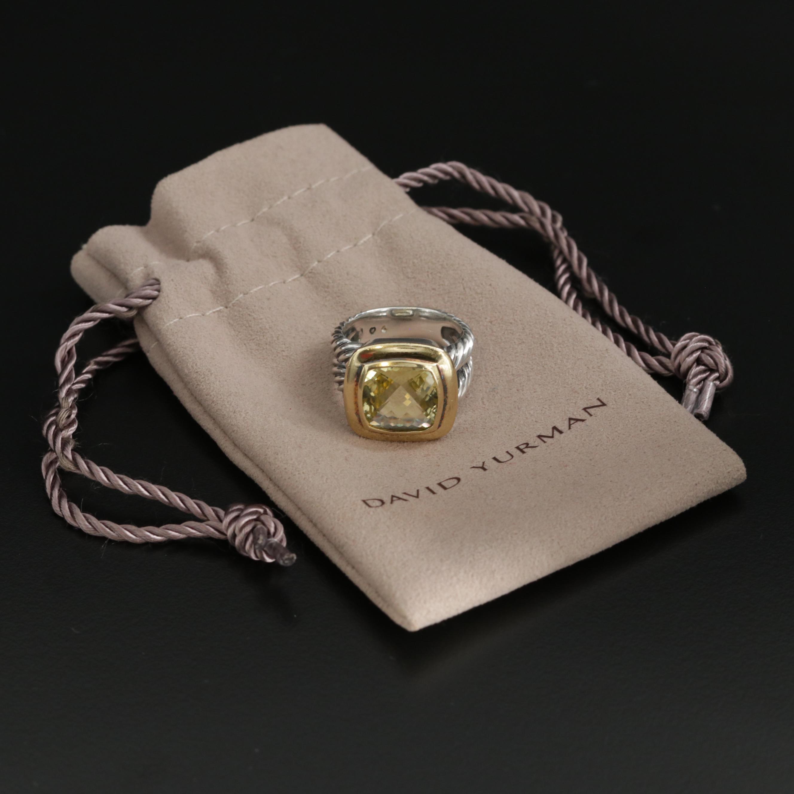David Yurman "Albion" Sterling Silver Lemon Citrine Ring with 18K Gold Accent