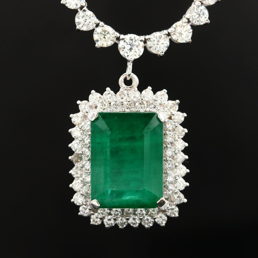 14K White Gold 12.72 CT Emerald and 10.33 CTW Diamond Necklace with GIA Report