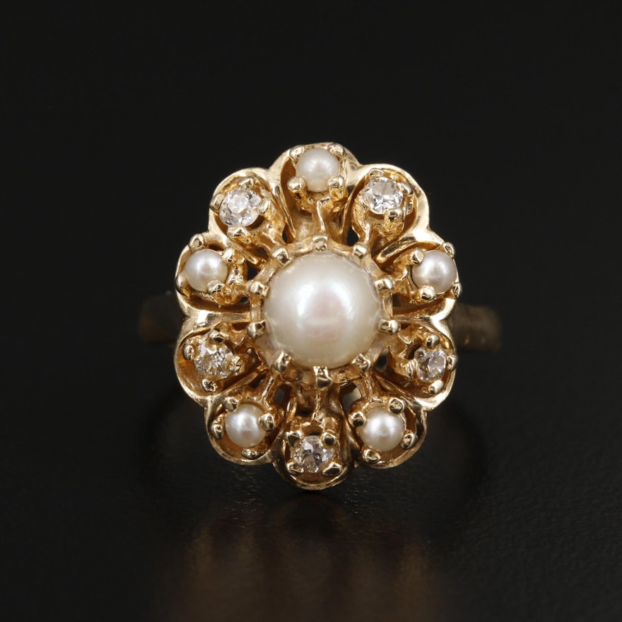 14K Yellow Gold Pearl and Diamond Ring