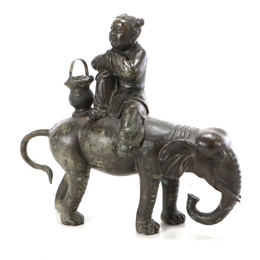 Chinese Brass Sculpture of Girl on an Elephant