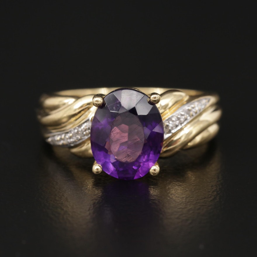 14K Yellow Gold Amethyst and Diamond Ring