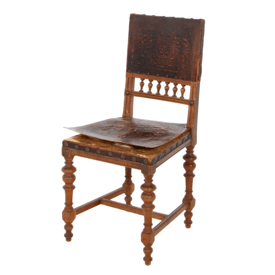 Renaissance Style Oak and Embossed Leather Hall Chair, Early 20th Century