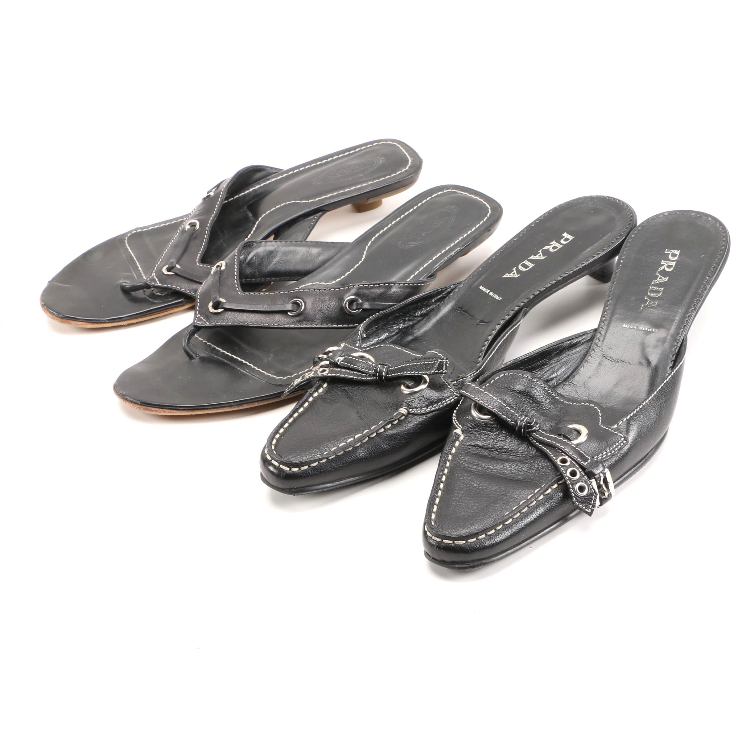 Prada Mules and Tod's Sandals in Black Leather with Contrast Stitching