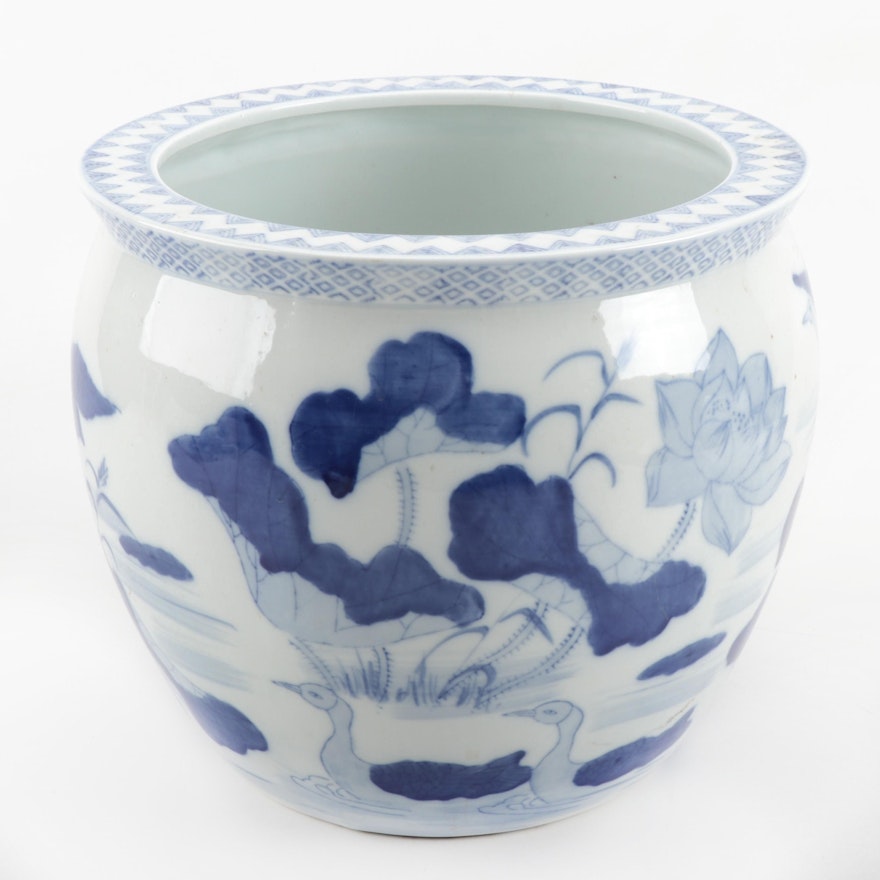 Chinese Blue and White Ceramic Planter with Pond Scene