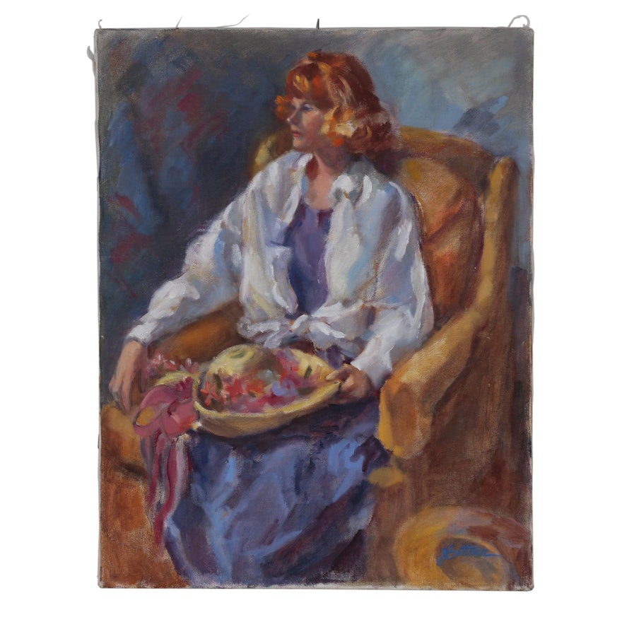 Figure Oil Painting of Seated Woman with Hat