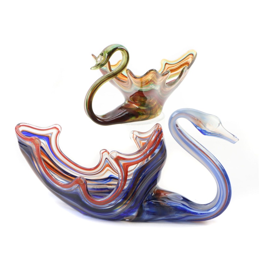 Decorative Multicolored Art Glass Swan-Shaped Bowls