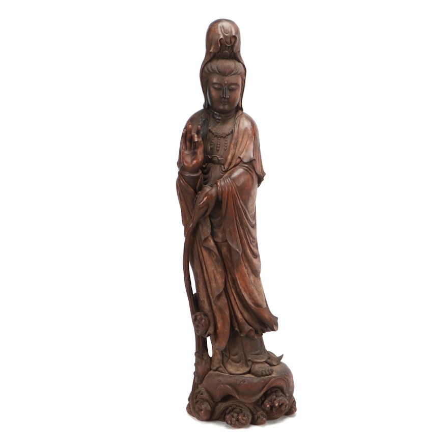 Monumental Chinese Guanyin Carved Wooden Sculpture