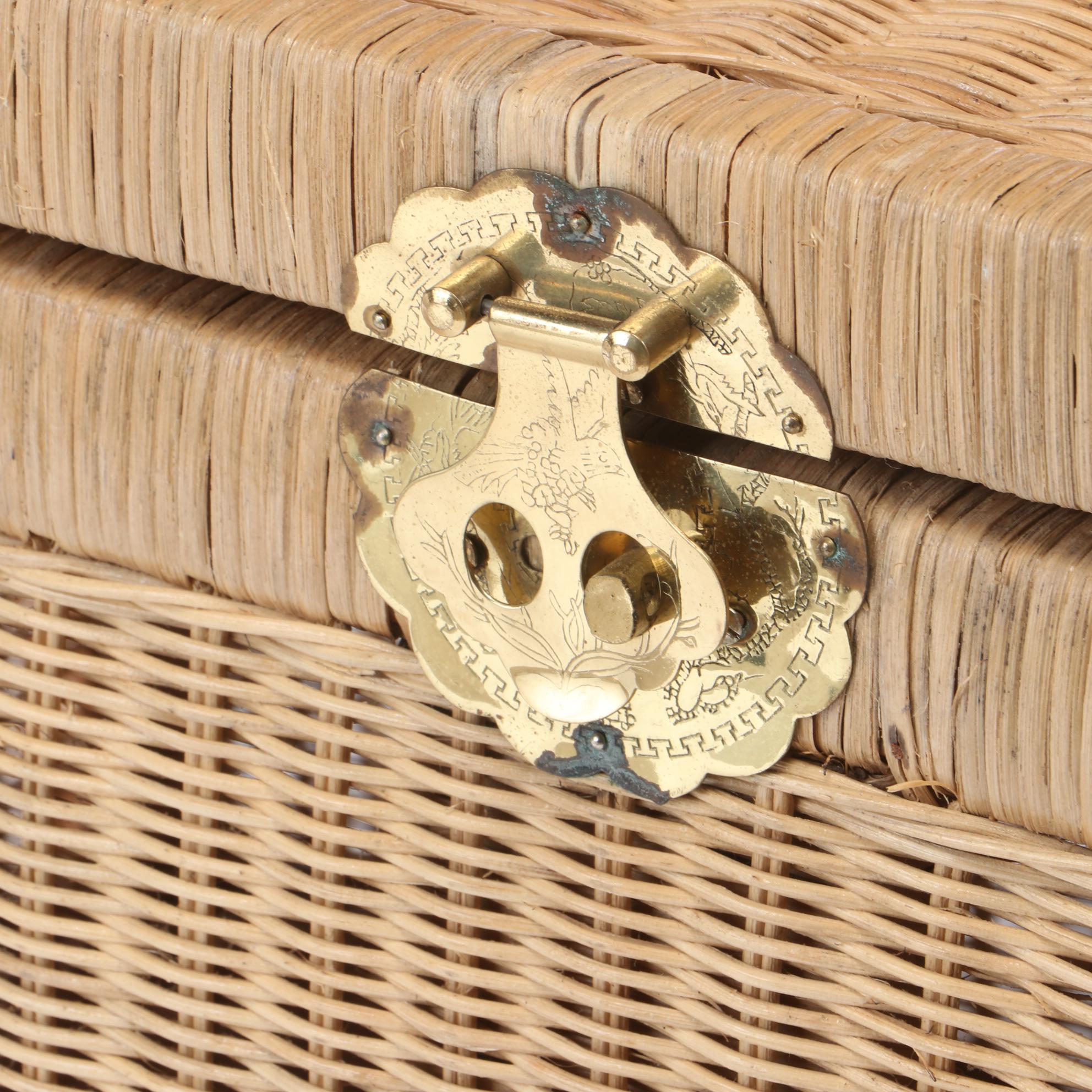 Wicker Storage Chest with Engraved Brass Hardware, Late 20th Century