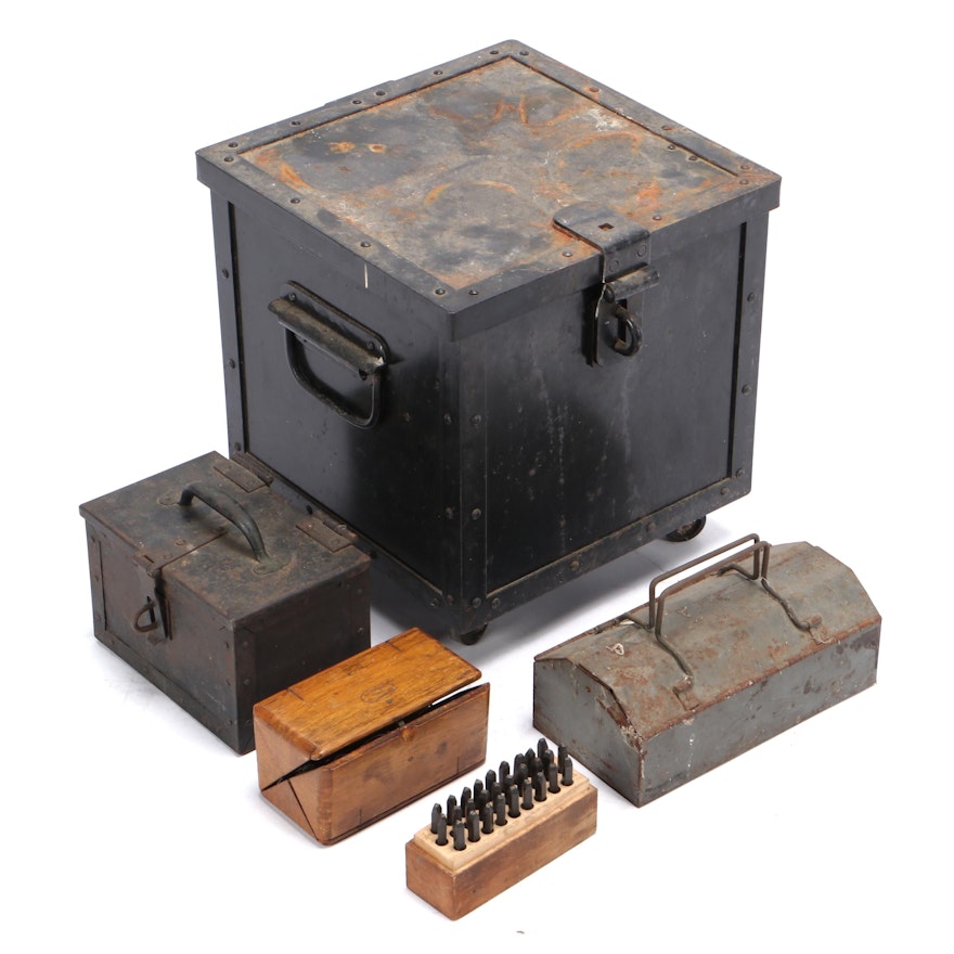 Metal Storage Box Assortment With Various Hand Tools and Sewing Attachments