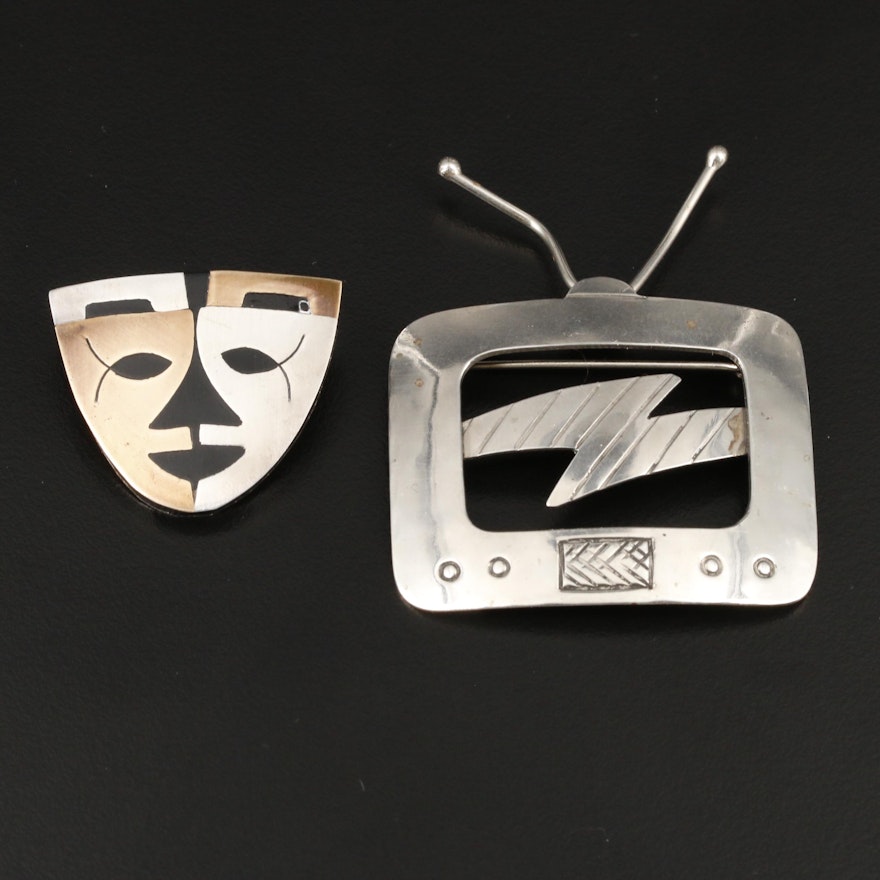 Vintage and Southwestern Sterling Silver TV and Mask Brooches