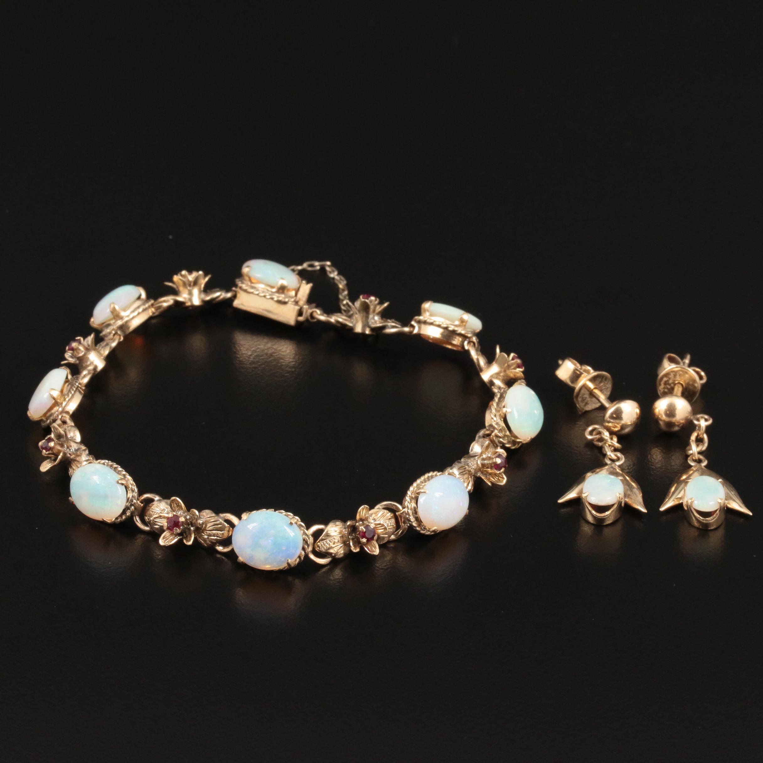Vintage 14K Yellow Gold Opal and Ruby Bracelet and Earrings