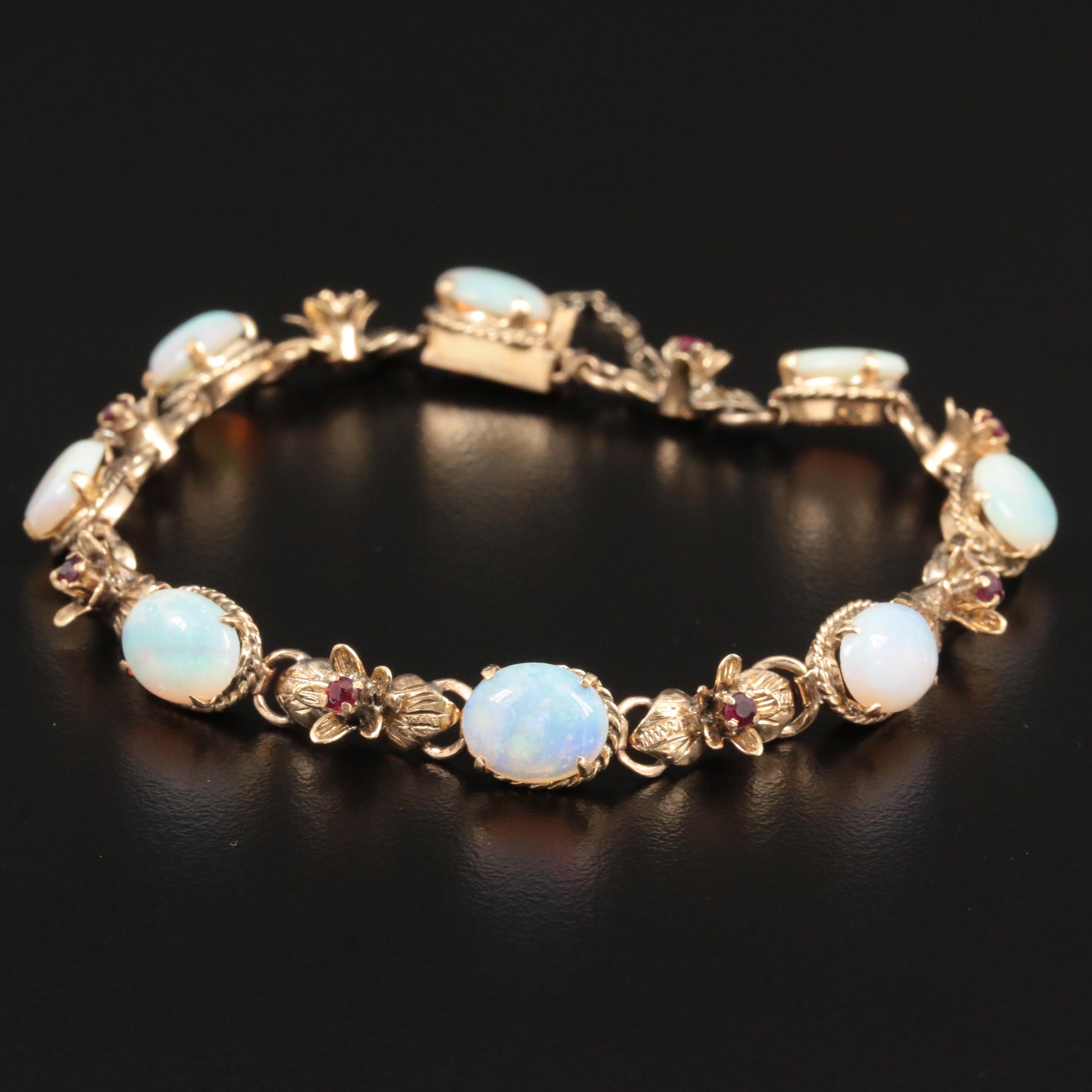 Vintage 14K Yellow Gold Opal and Ruby Bracelet and Earrings