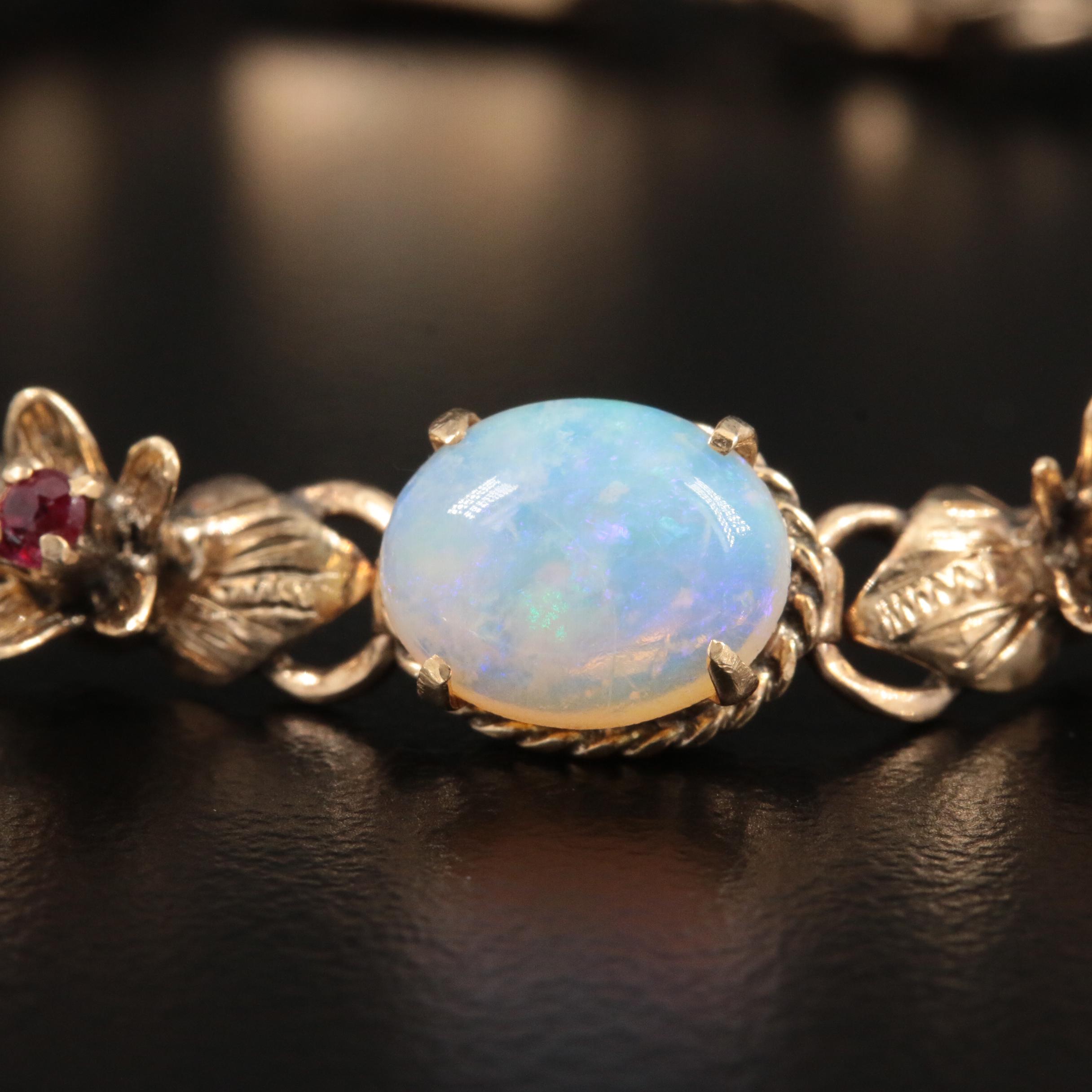 Vintage 14K Yellow Gold Opal and Ruby Bracelet and Earrings