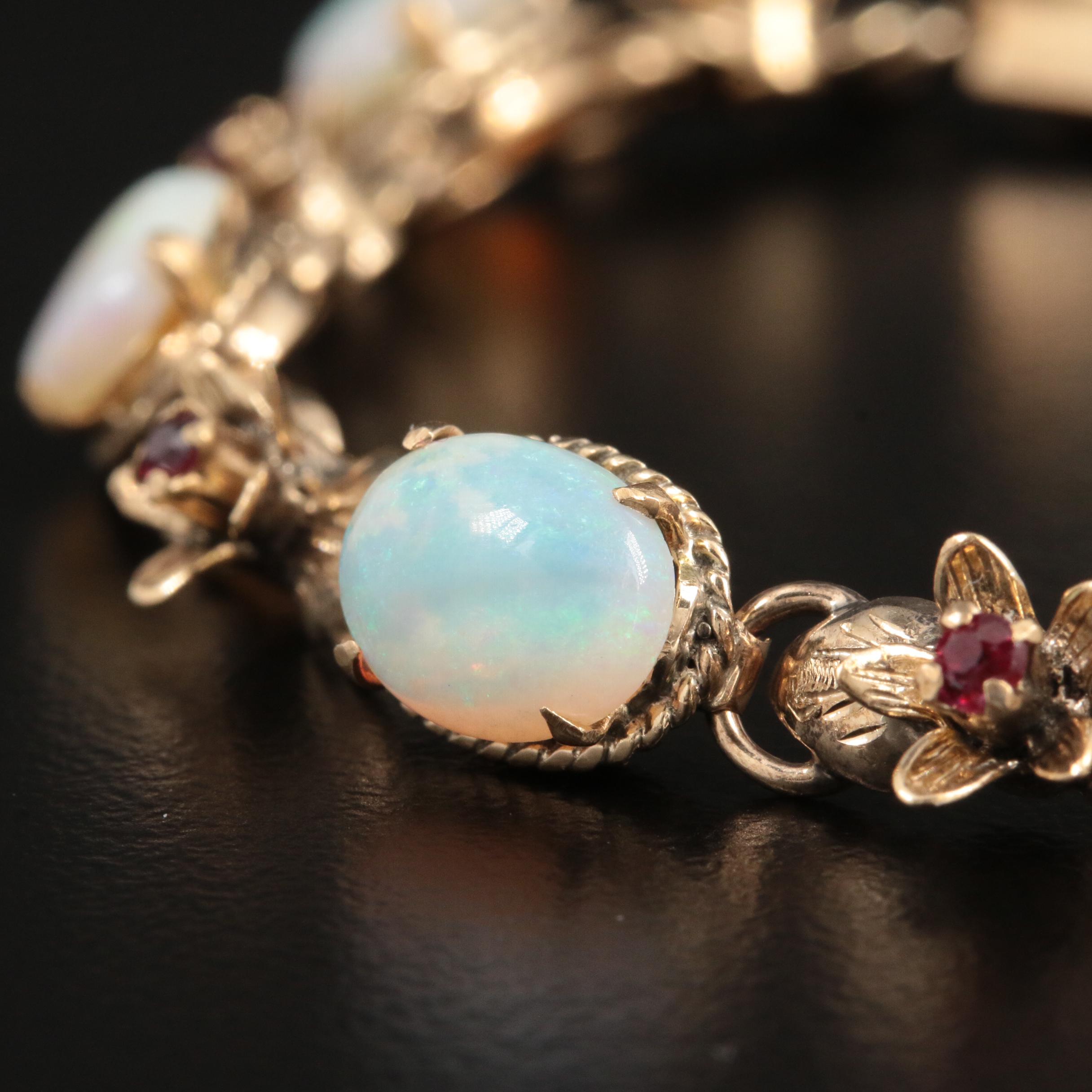 Vintage 14K Yellow Gold Opal and Ruby Bracelet and Earrings