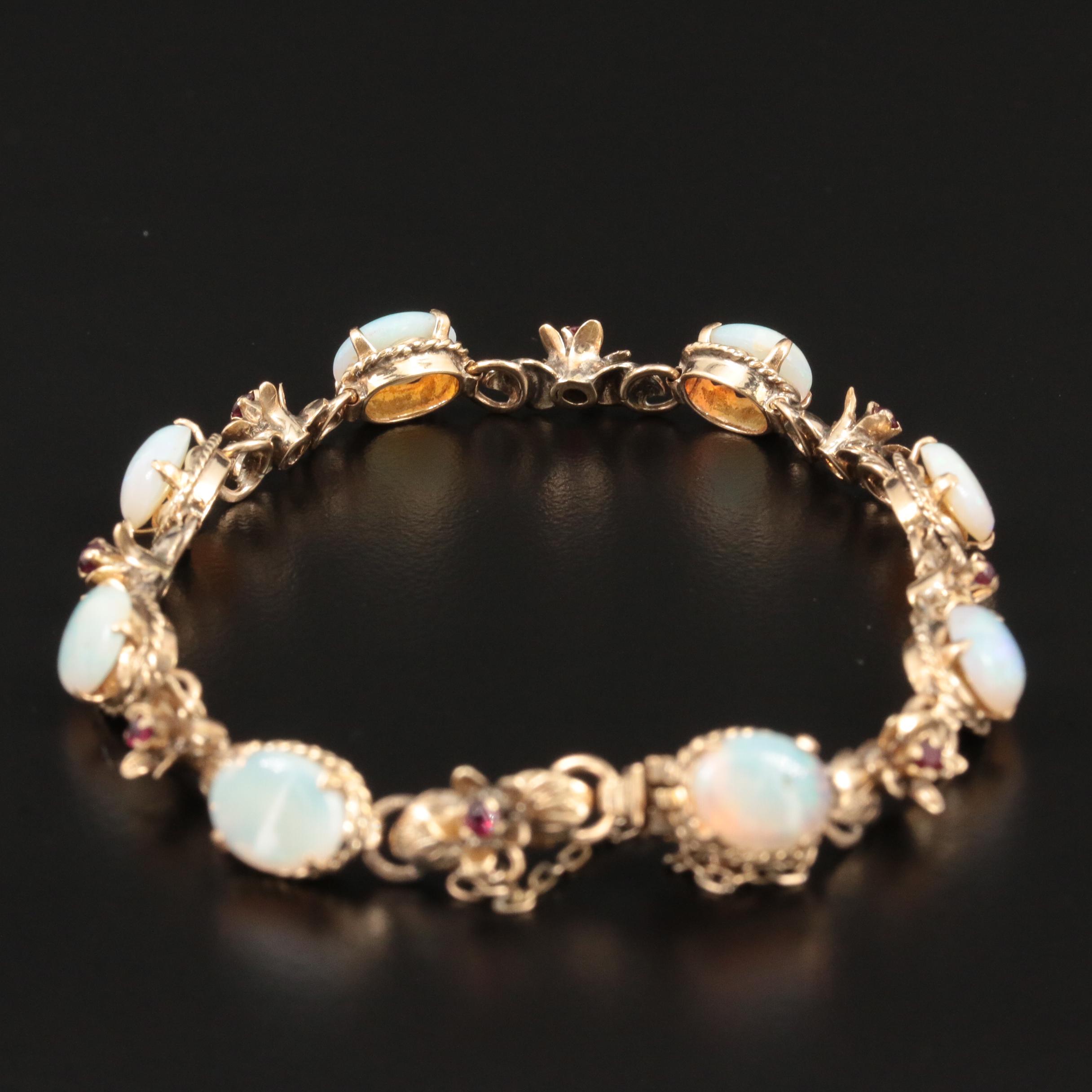 Vintage 14K Yellow Gold Opal and Ruby Bracelet and Earrings