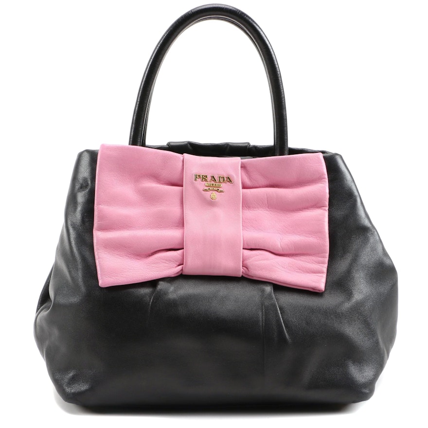 Prada Lambskin Leather Begonia Bow Handbag in Black with Pink Bow