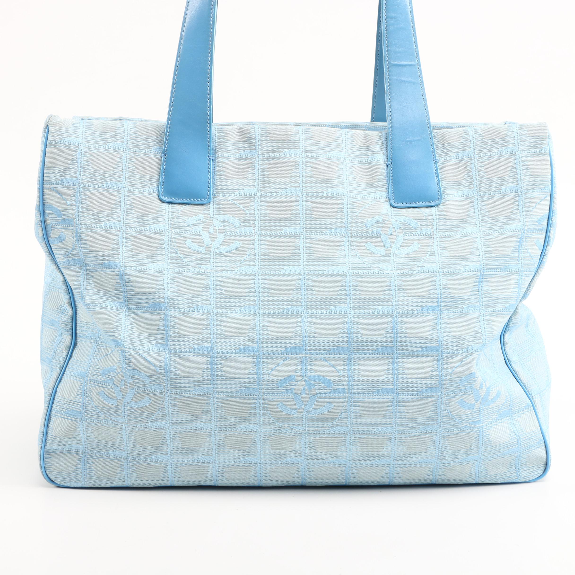Chanel Travel Line Tote Bag in Light Blue CC Logo Nylon and Leather