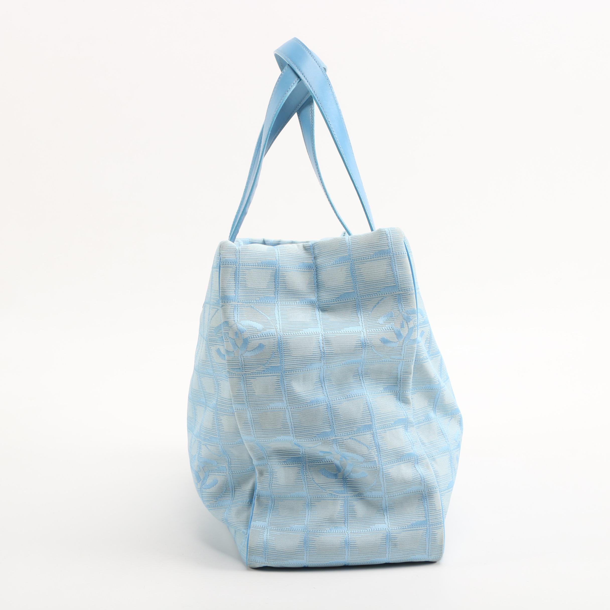 Chanel Travel Line Tote Bag in Light Blue CC Logo Nylon and Leather