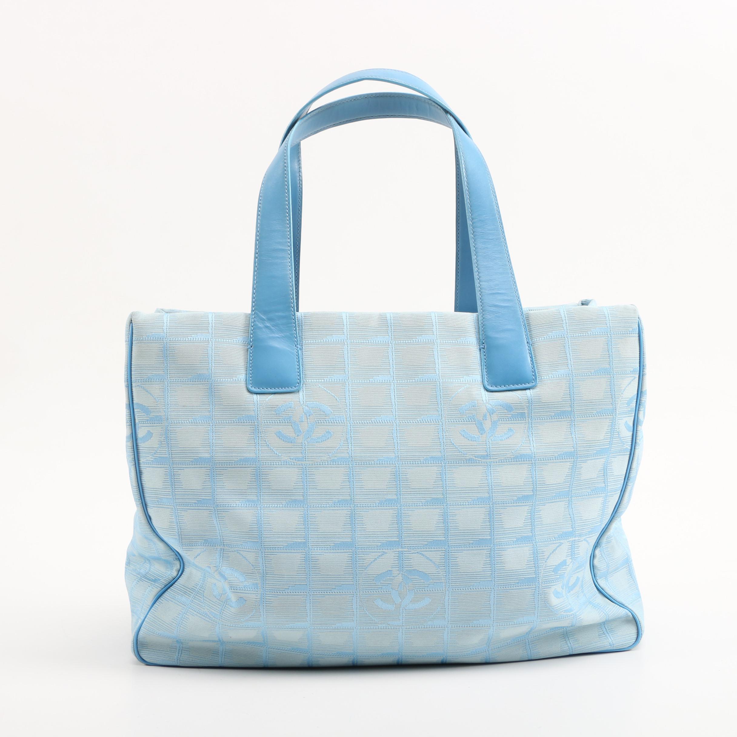Chanel Travel Line Tote Bag in Light Blue CC Logo Nylon and Leather