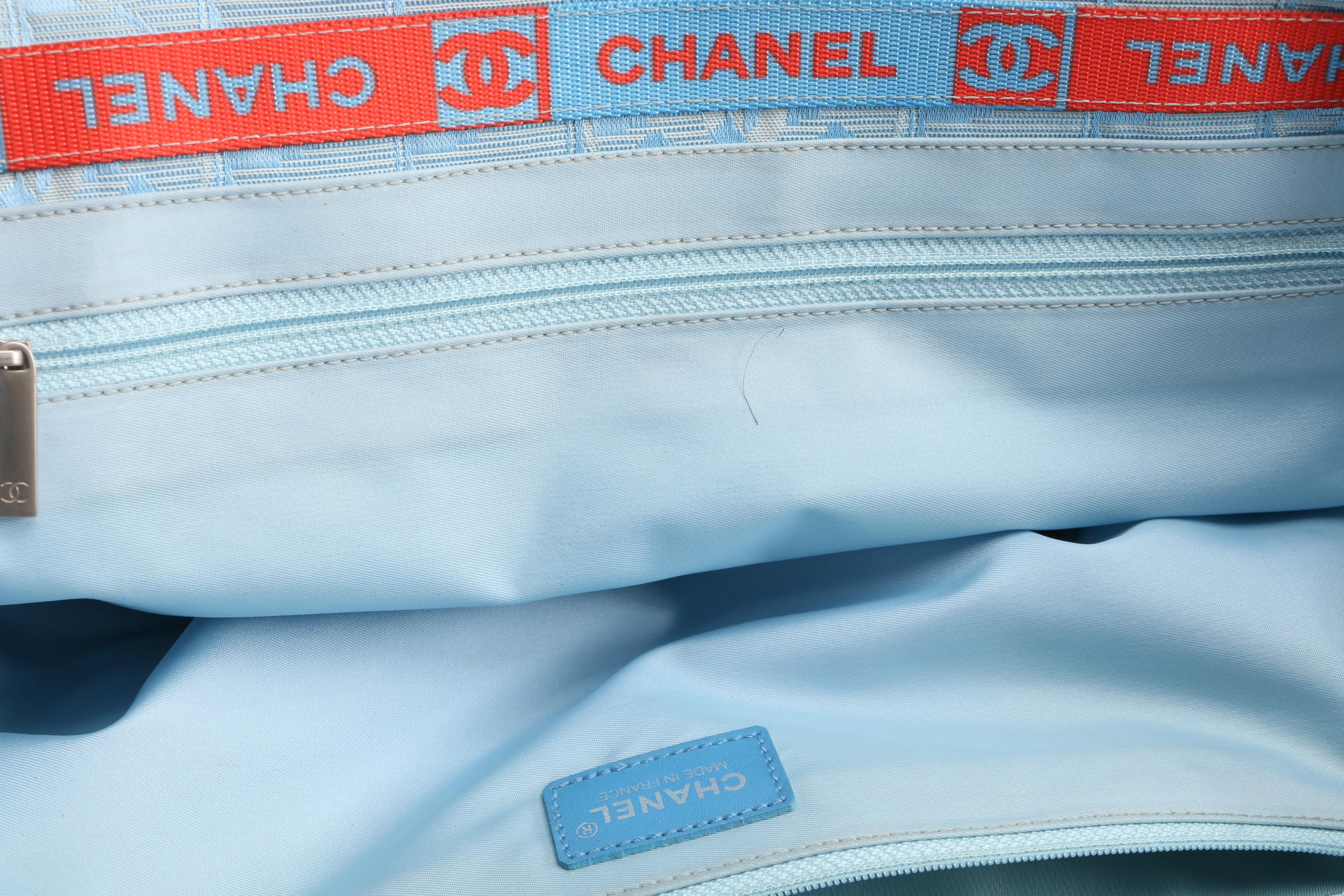 Chanel Travel Line Tote Bag in Light Blue CC Logo Nylon and Leather