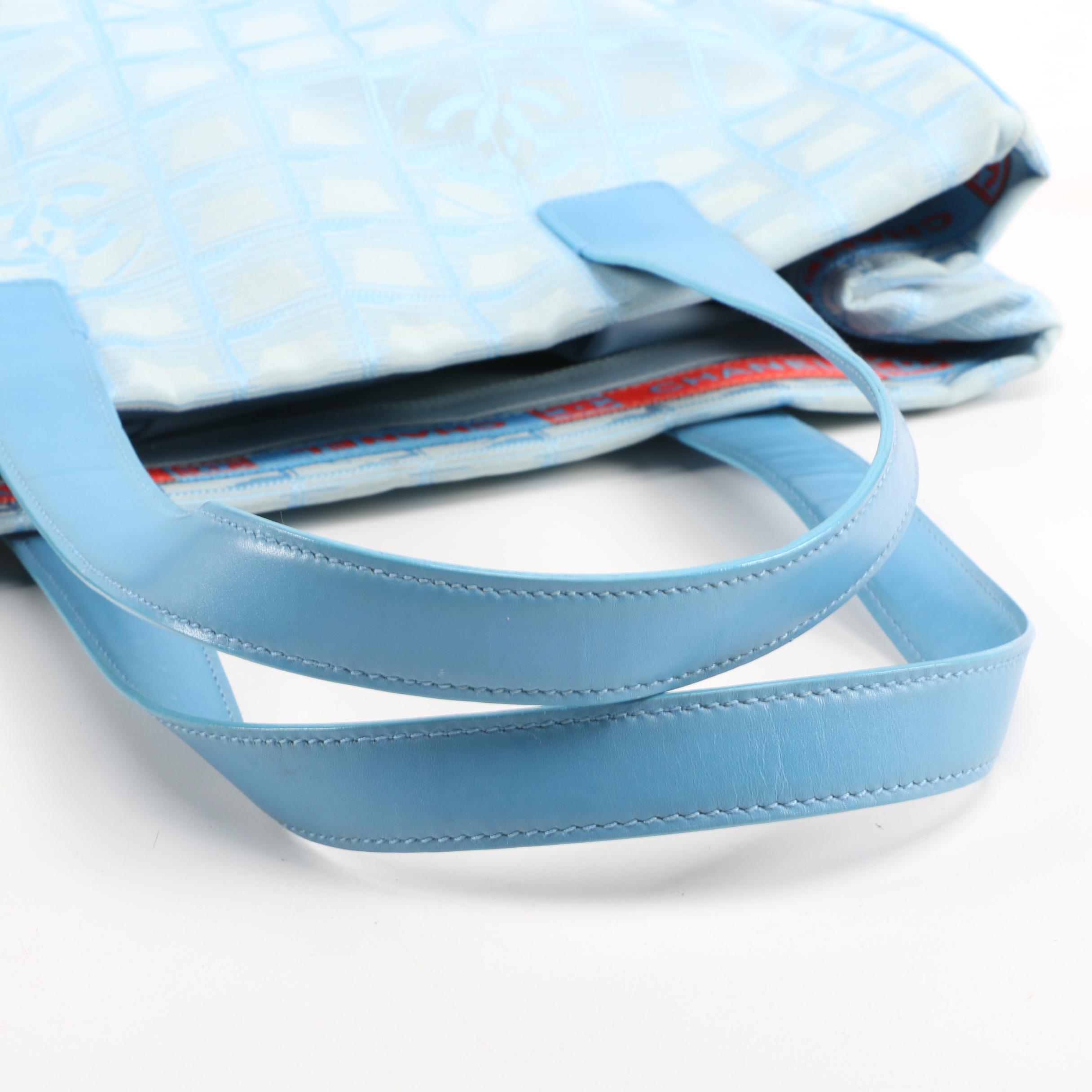 Chanel Travel Line Tote Bag in Light Blue CC Logo Nylon and Leather